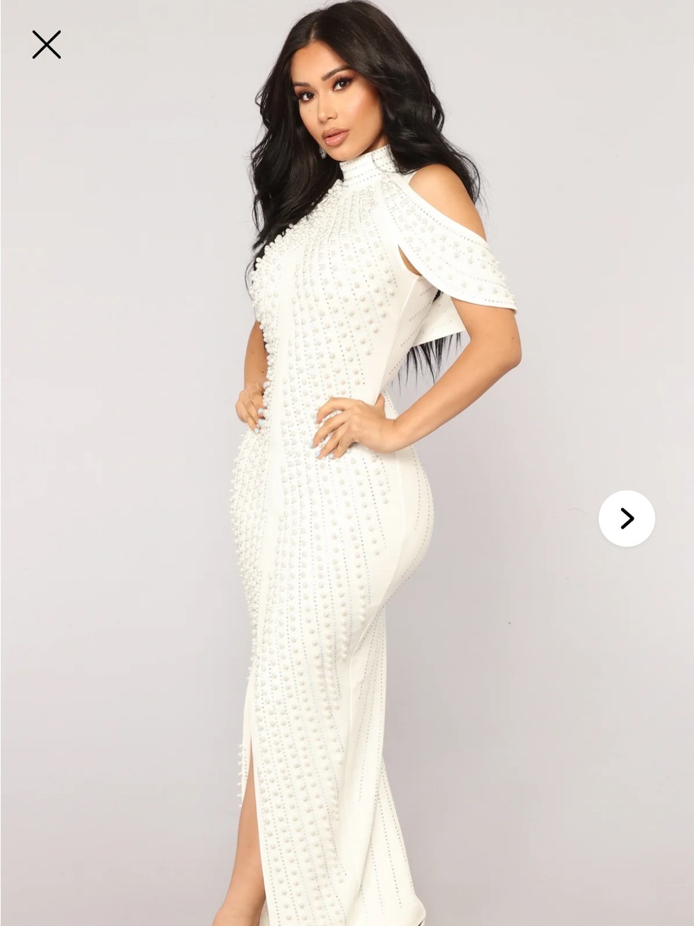 Elegant White Cold-Shoulder Maxi Dress with Embellished Detail